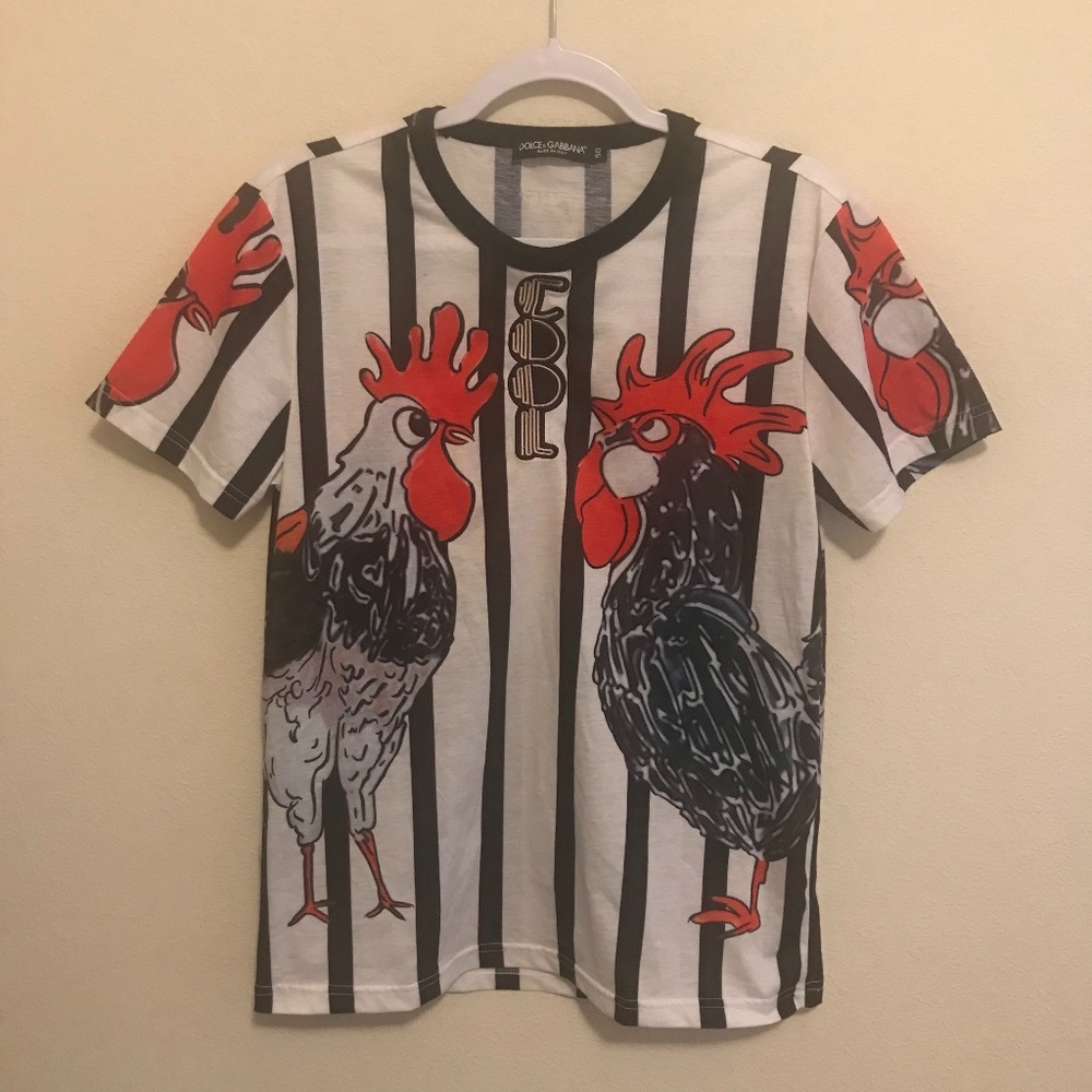 Dolce & Gabbana Black and White Striped Tee with Red Accents